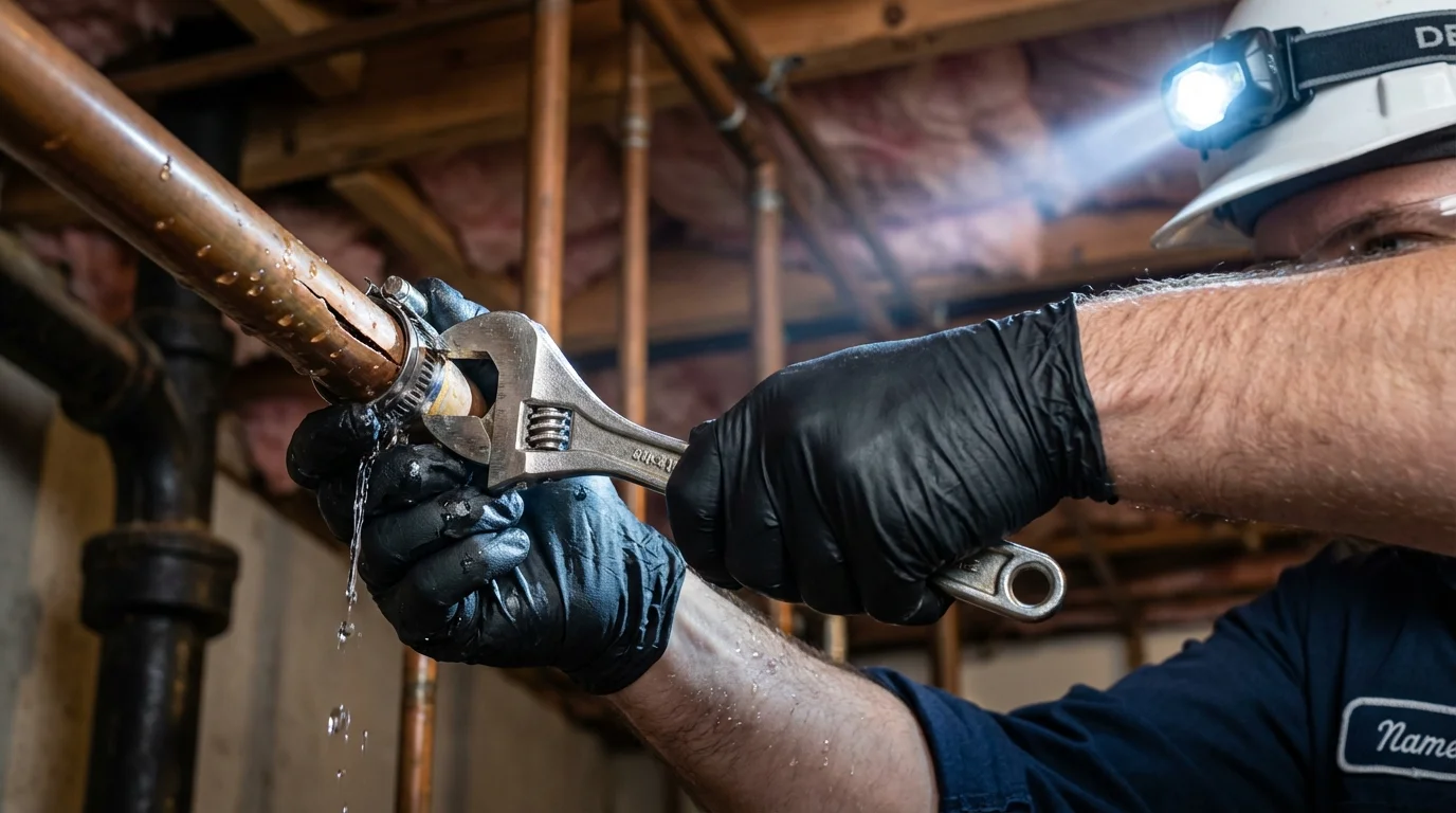 Emergency pipe clamp repair being performed by a Johns Plumbing LLC plumber in Saint Michaels