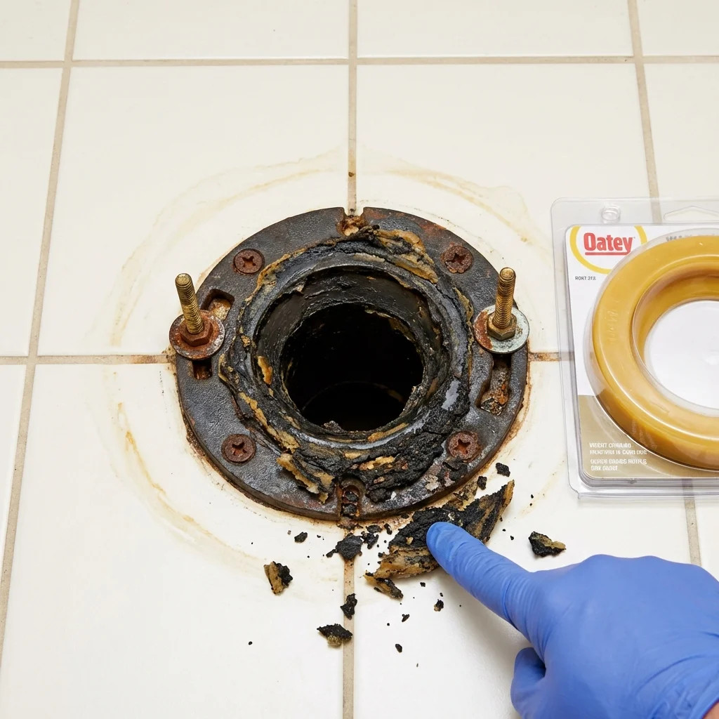 Failed wax ring showing water seepage at the base of a toilet in a Saint Michaels, MD home