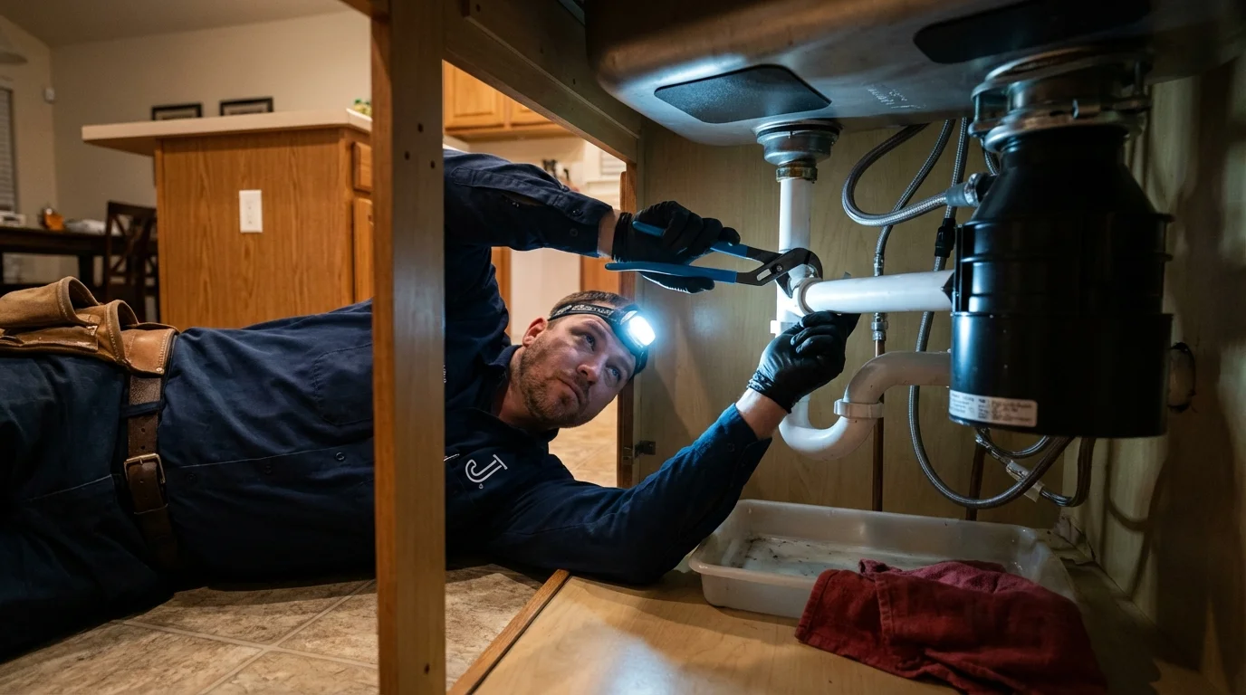 P-trap and supply line connections under a kitchen sink showing a common leak point in Saint Michaels, MD